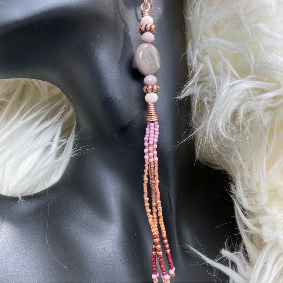 CCO REDUCED Elegant Gray And Pink Agate Beaded Dangle Fringe Earrings - Picture 12 of 15